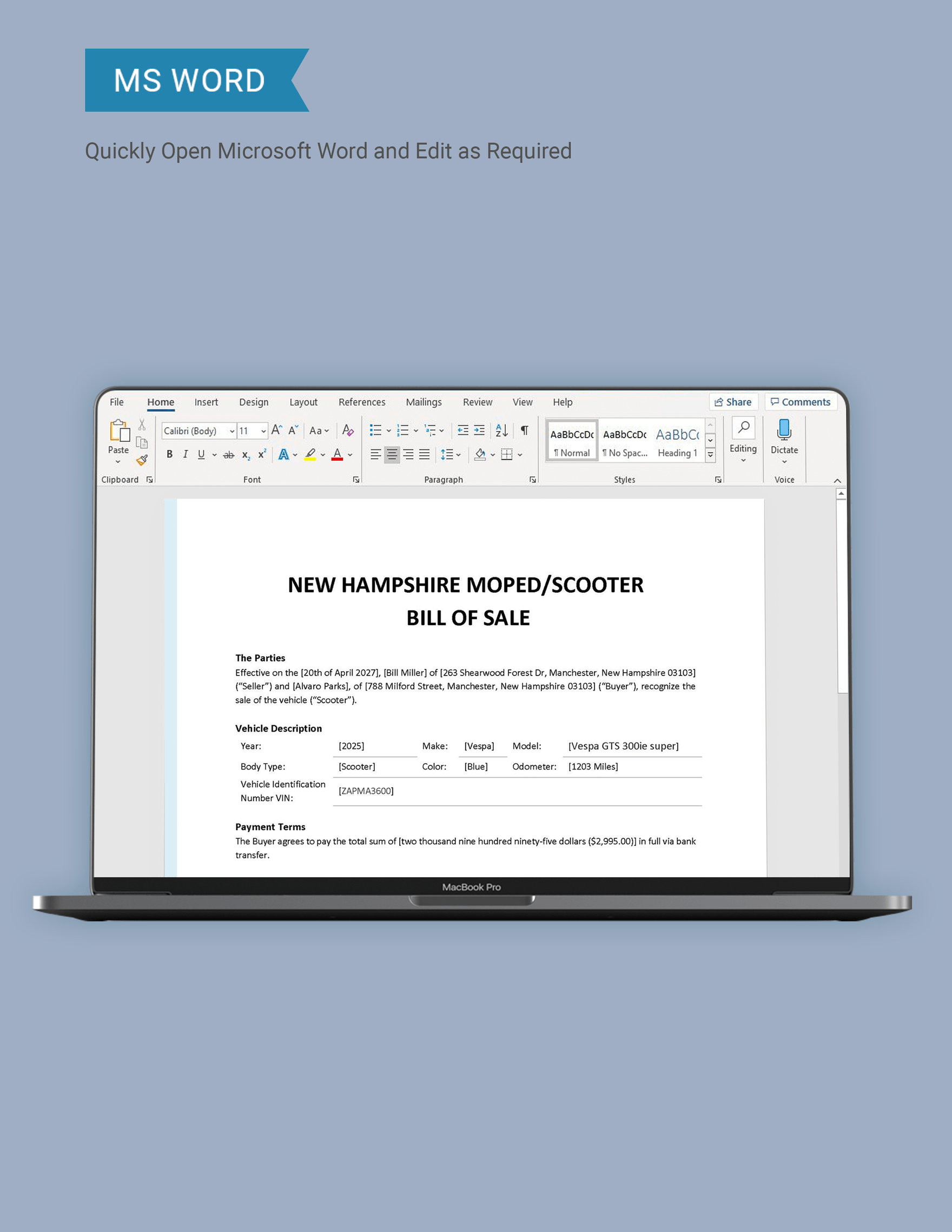 New Hampshire Moped / Scooter Bill of Sale Form Template