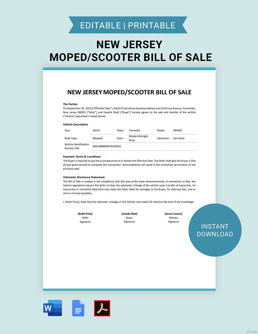 New Jersey Moped / Scooter Bill of Sale Template