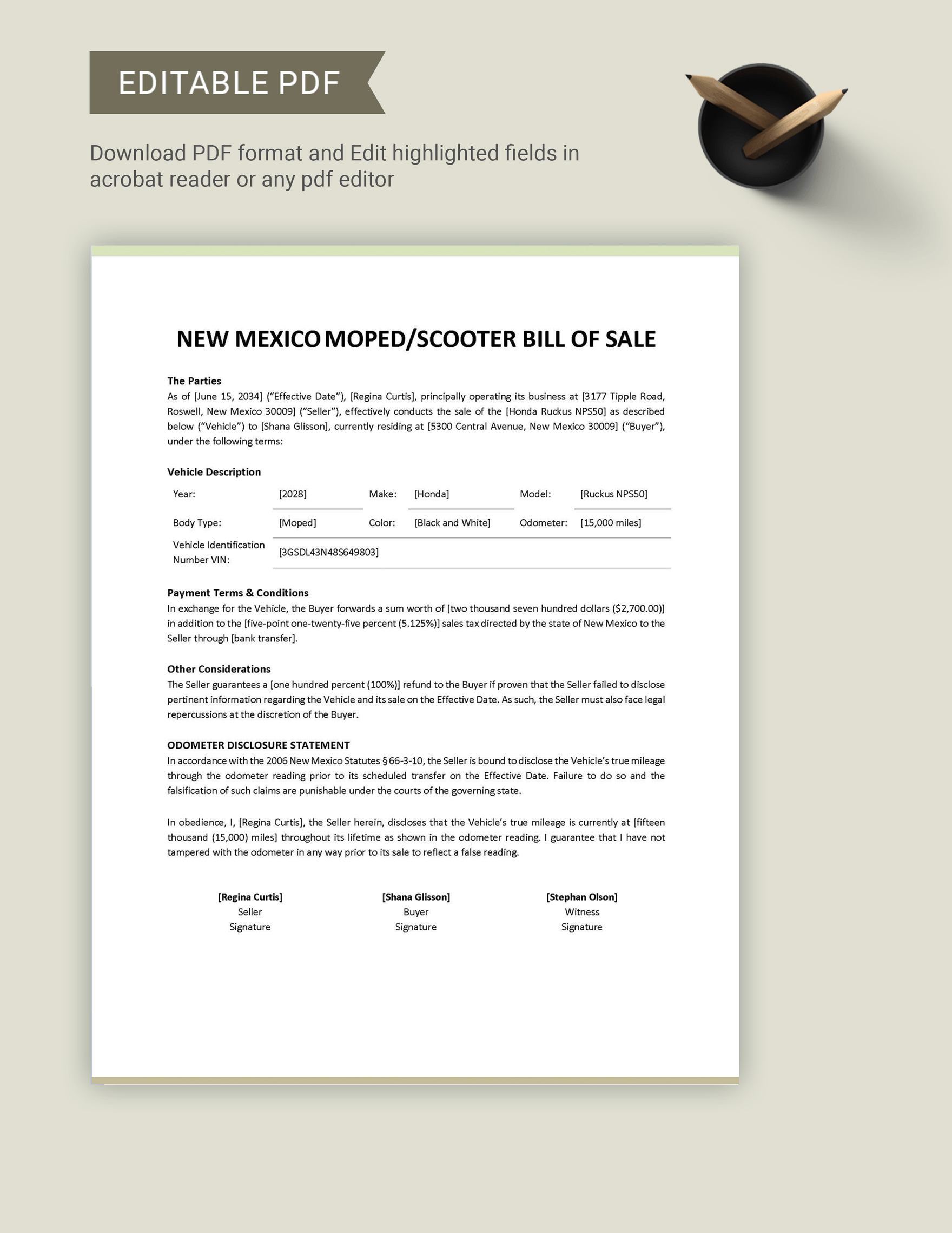 New Mexico Moped / Scooter Bill of Sale Form Template
