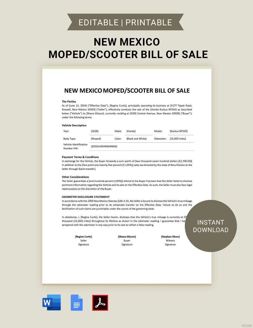 New Mexico Moped / Scooter Bill of Sale Form Template