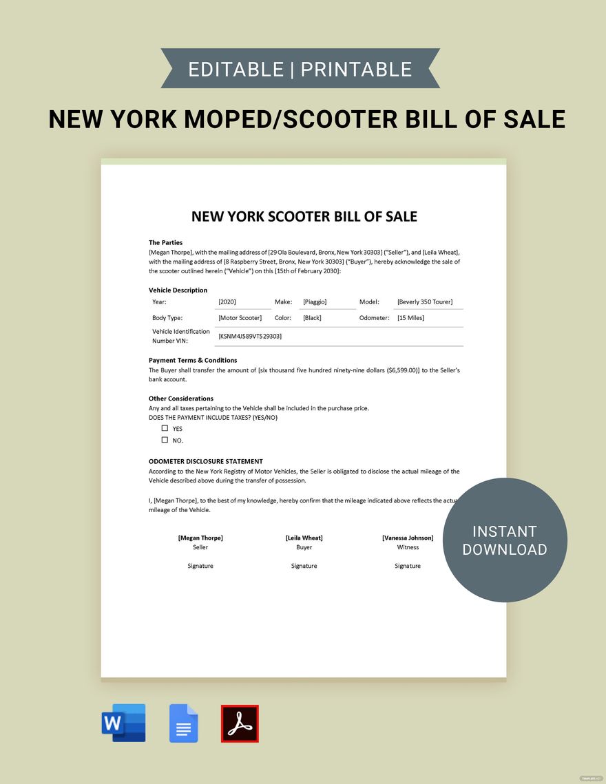 New York Moped / Scooter Bill of Sale Template