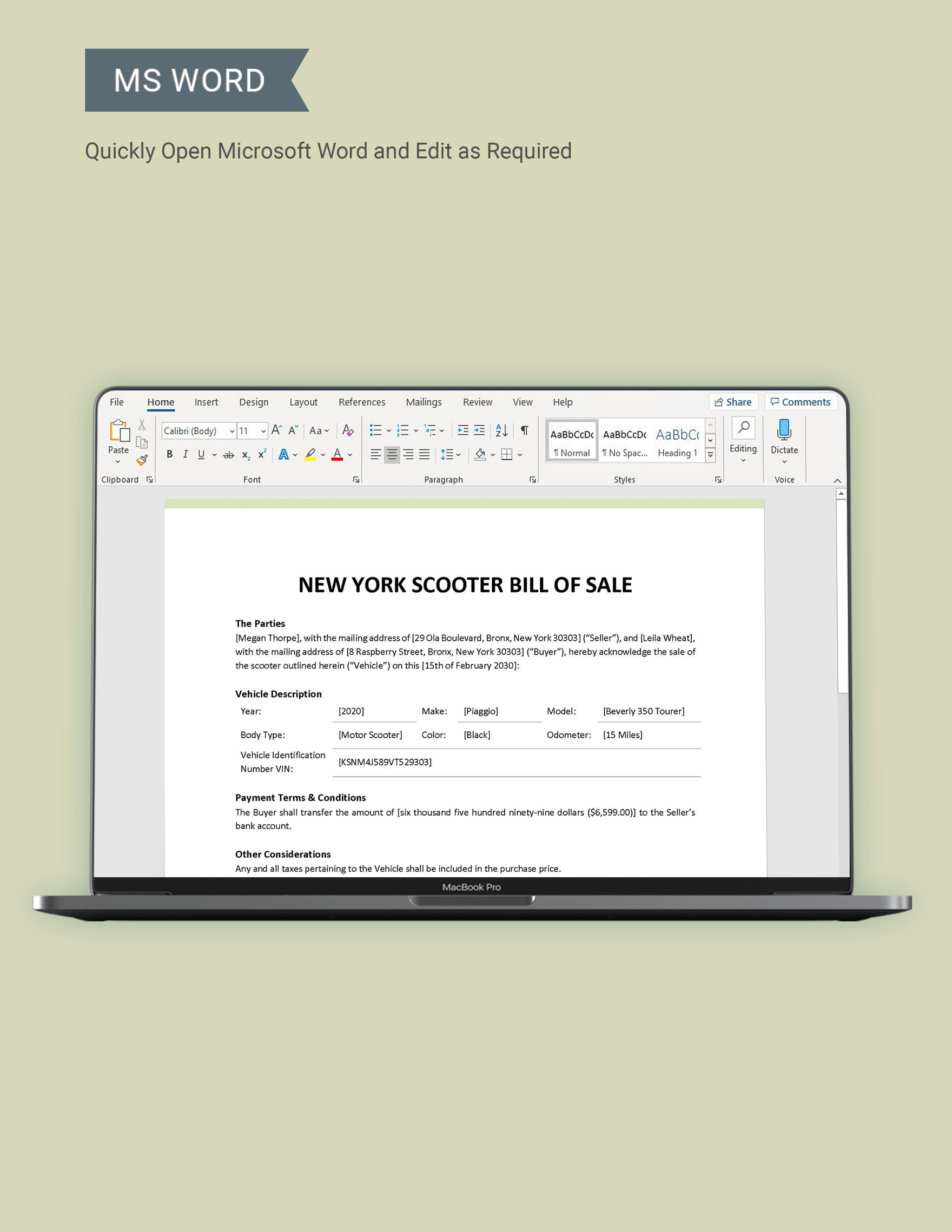 New York Moped / Scooter Bill of Sale Template