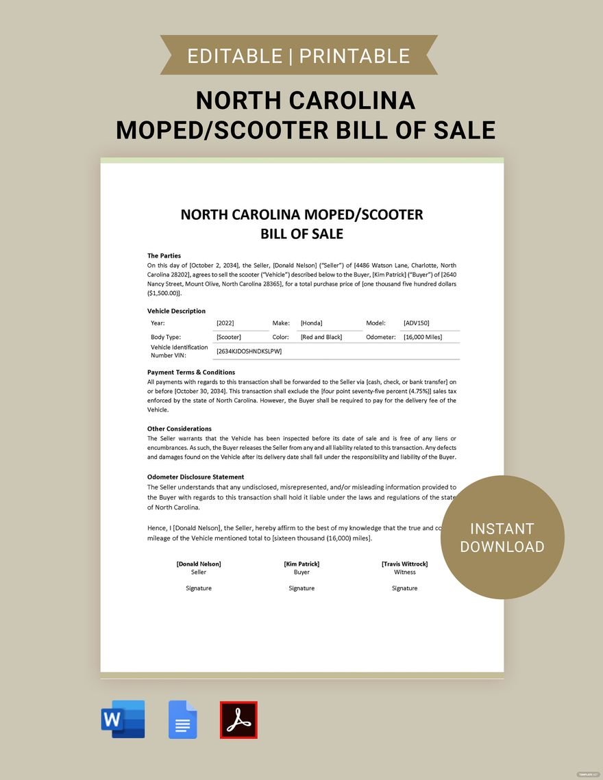 North Carolina Equipment Bill Of Sale Template Download In Word Google Docs PDF Template