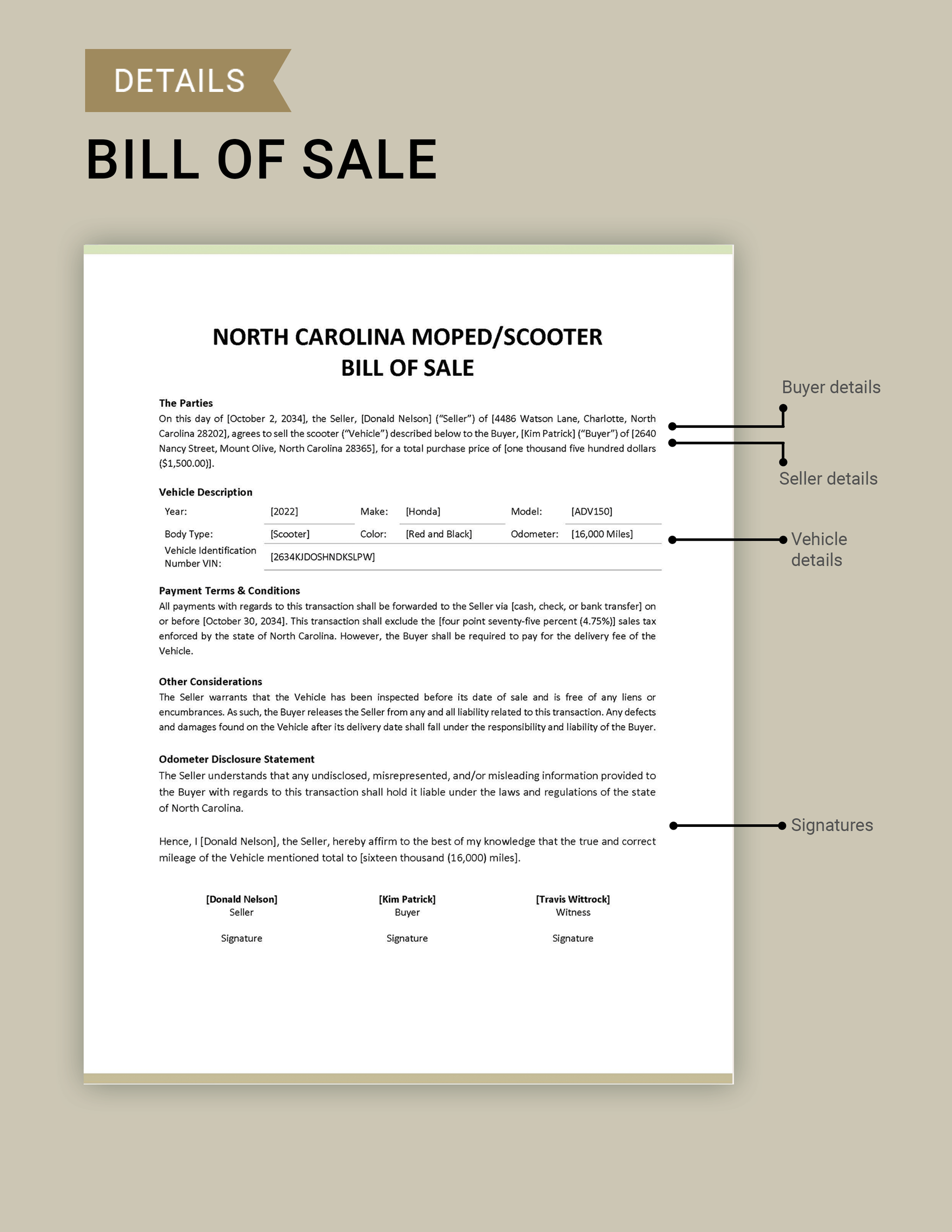 North Carolina Moped / Scooter Bill of Sale Template