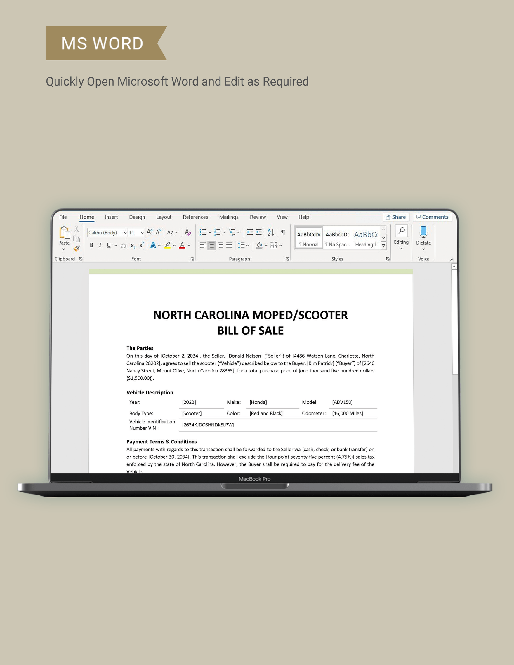 North Carolina Moped / Scooter Bill of Sale Template