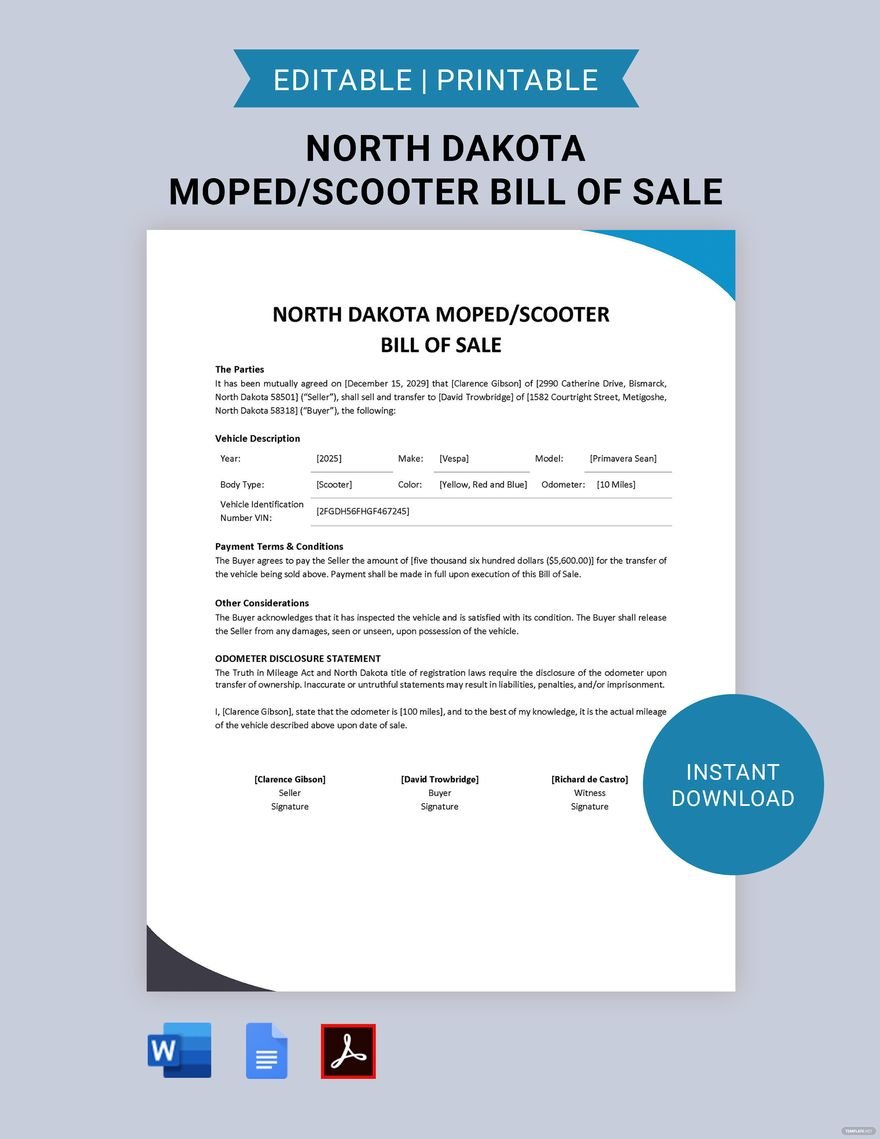North Dakota Moped / Scooter Bill of Sale Template