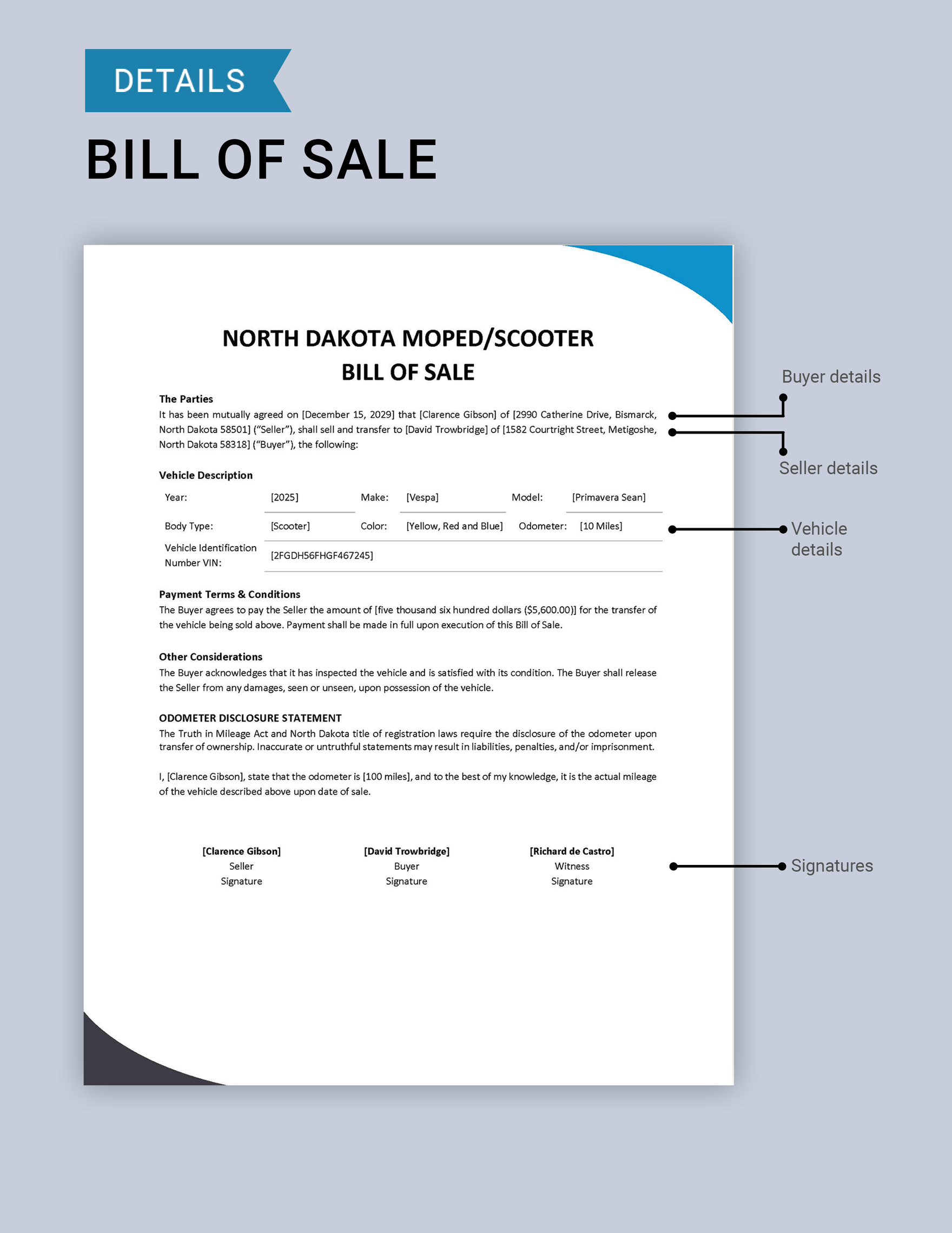North Dakota Moped / Scooter Bill of Sale Template