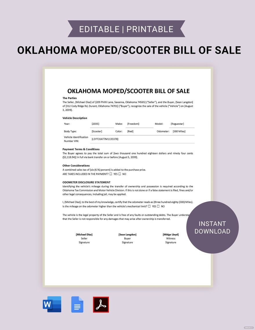 Oklahoma Moped / Scooter Bill of Sale Template