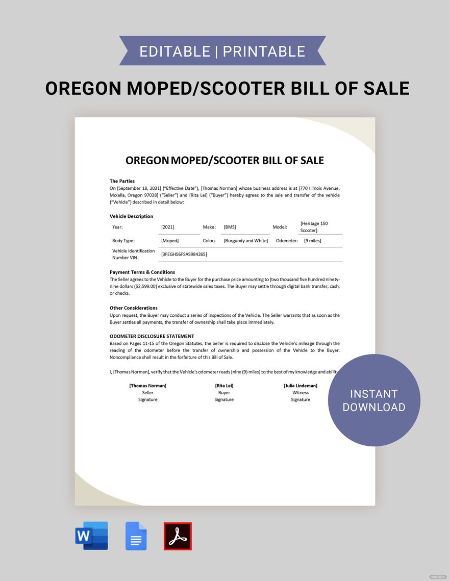 Oregon Moped / Scooter Bill of Sale Template
