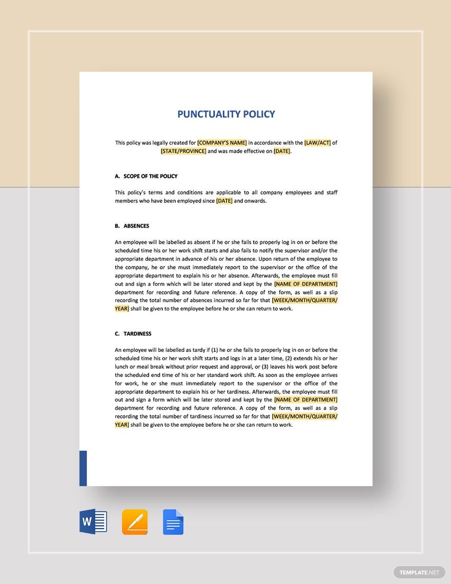 Punctuality Policy Template in Word, Google Docs, Apple Pages