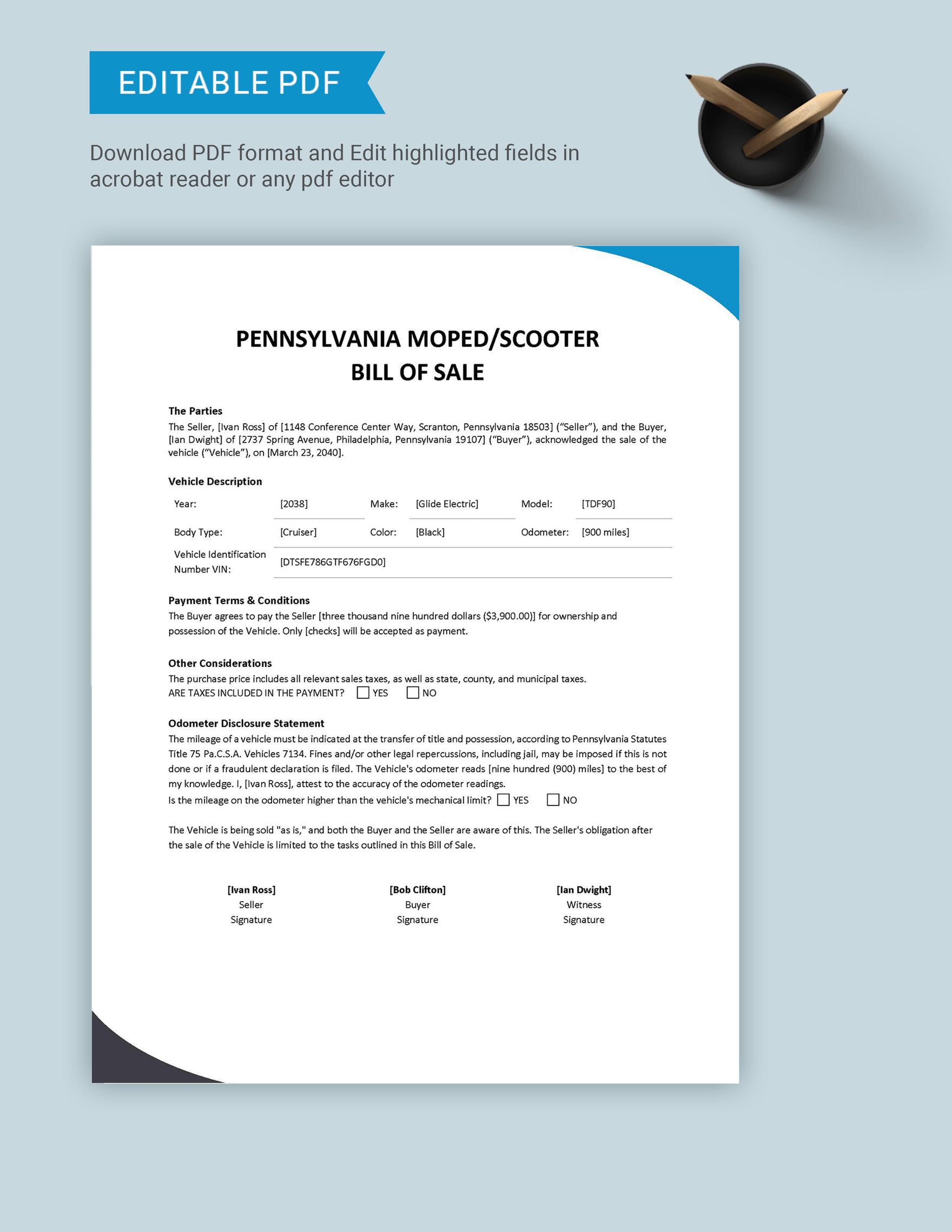 Pennsylvania Moped / Scooter Bill of Sale Template