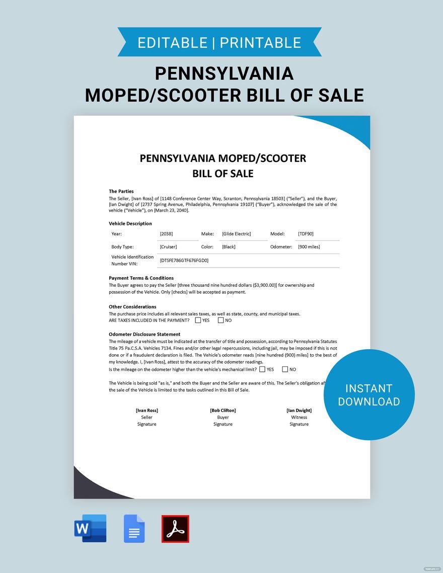 Pennsylvania Moped / Scooter Bill of Sale Template