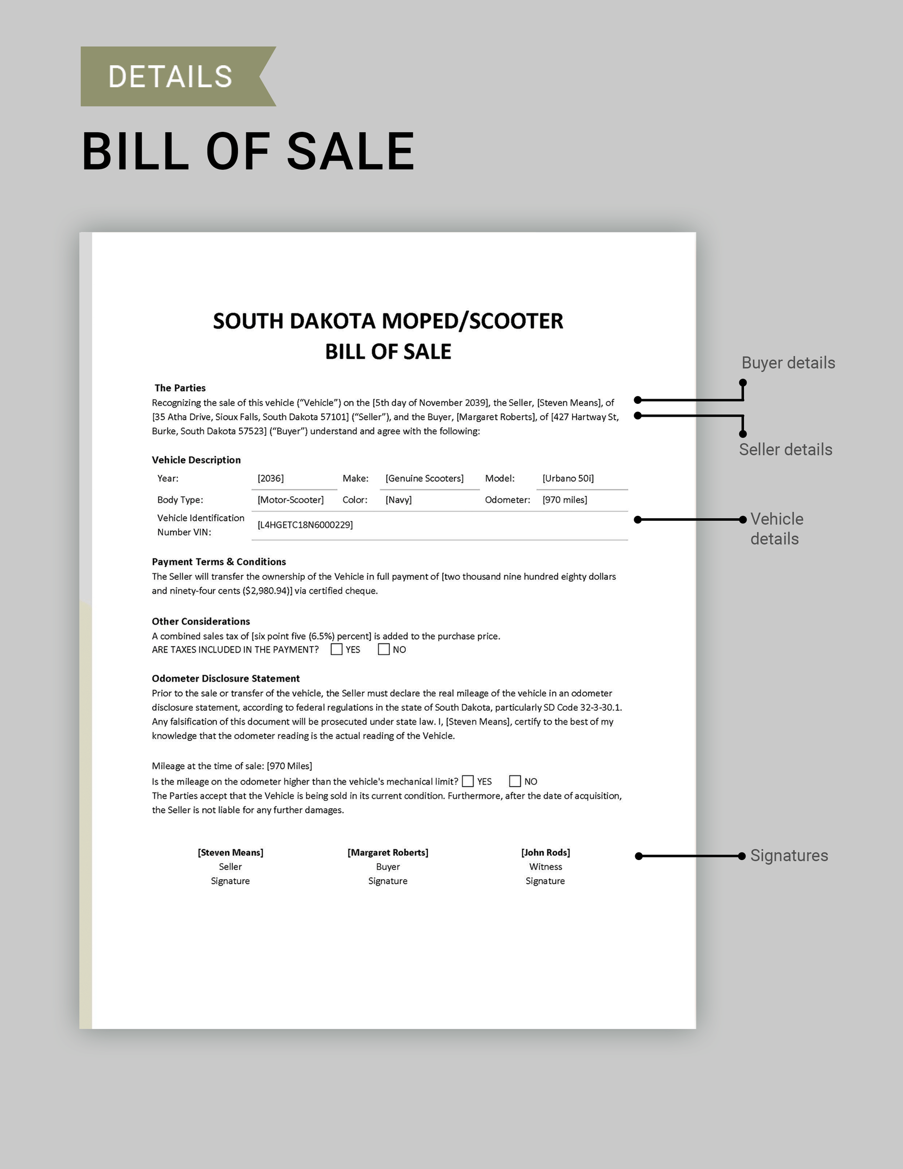 South Dakota Moped / Scooter Bill of Sale Form Template