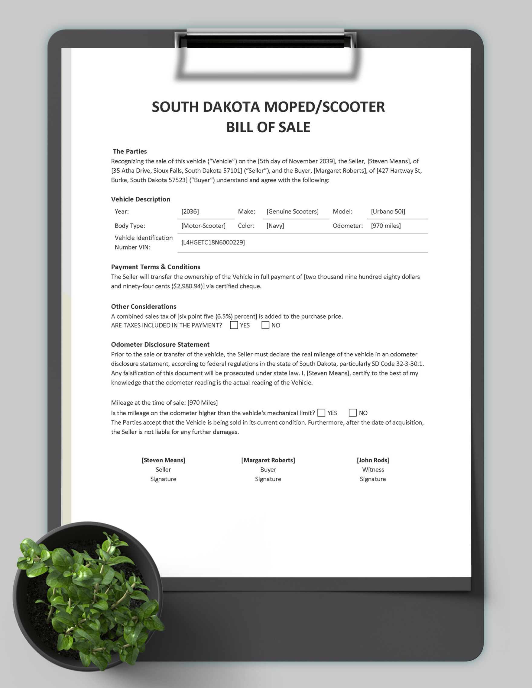 South Dakota Moped / Scooter Bill of Sale Form Template