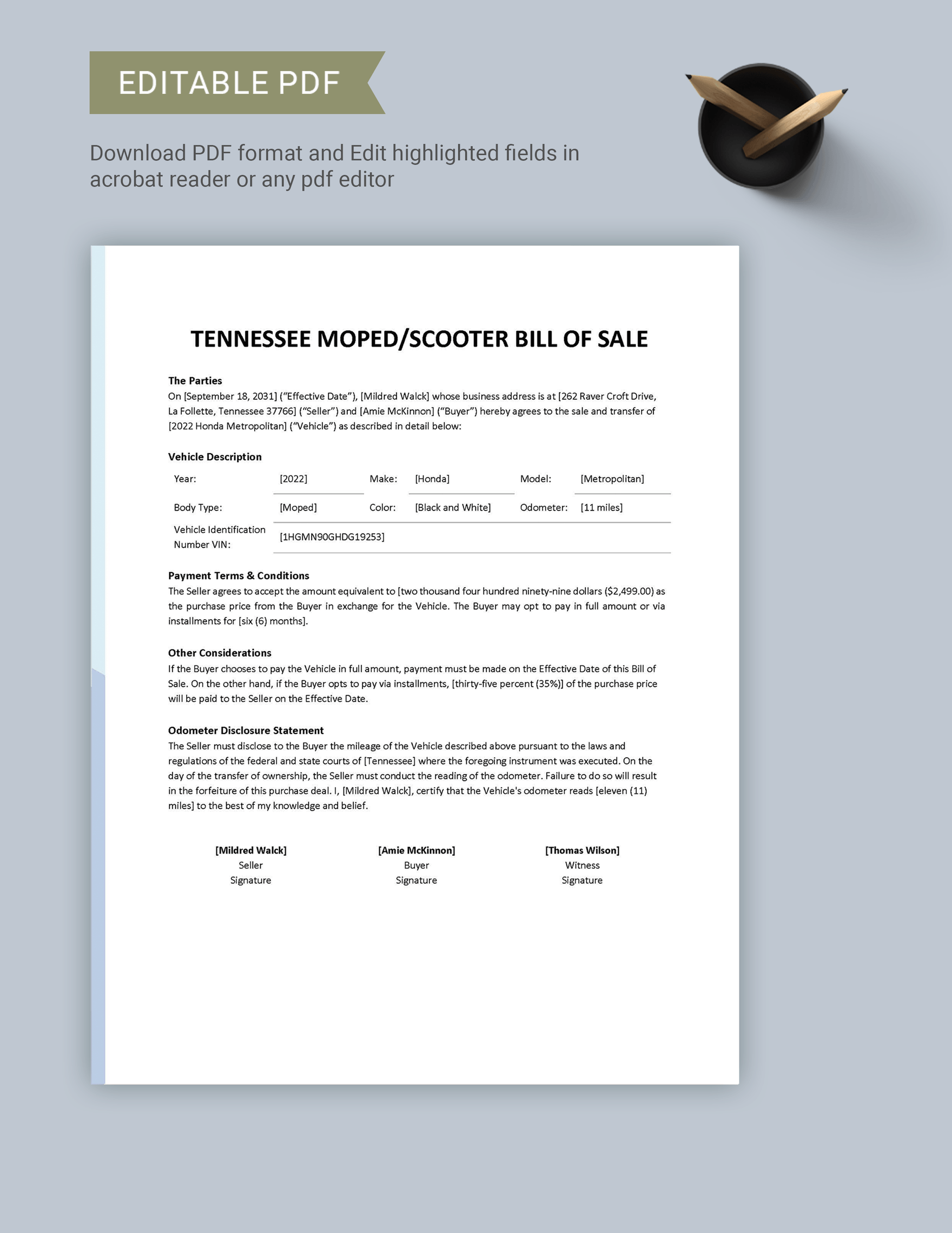 Tennessee Moped / Scooter Bill of Sale Template