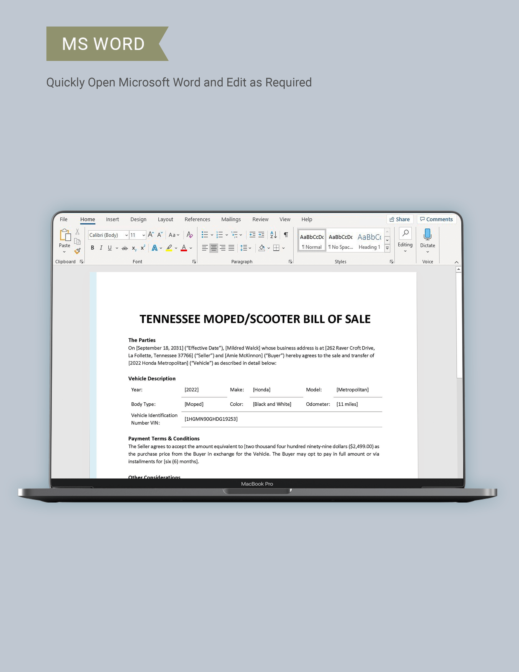 Tennessee Moped / Scooter Bill of Sale Template