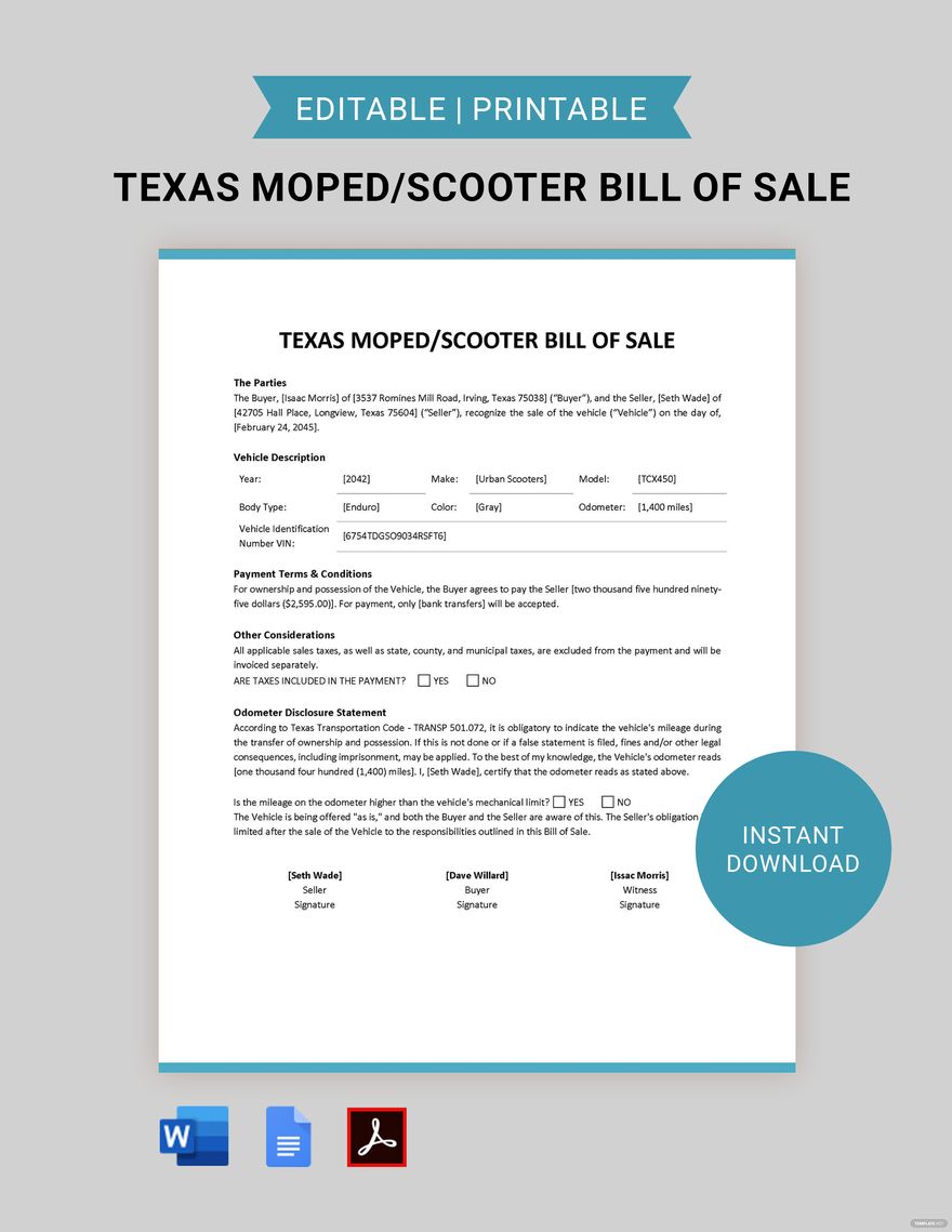 Texas Moped / Scooter Bill of Sale Template