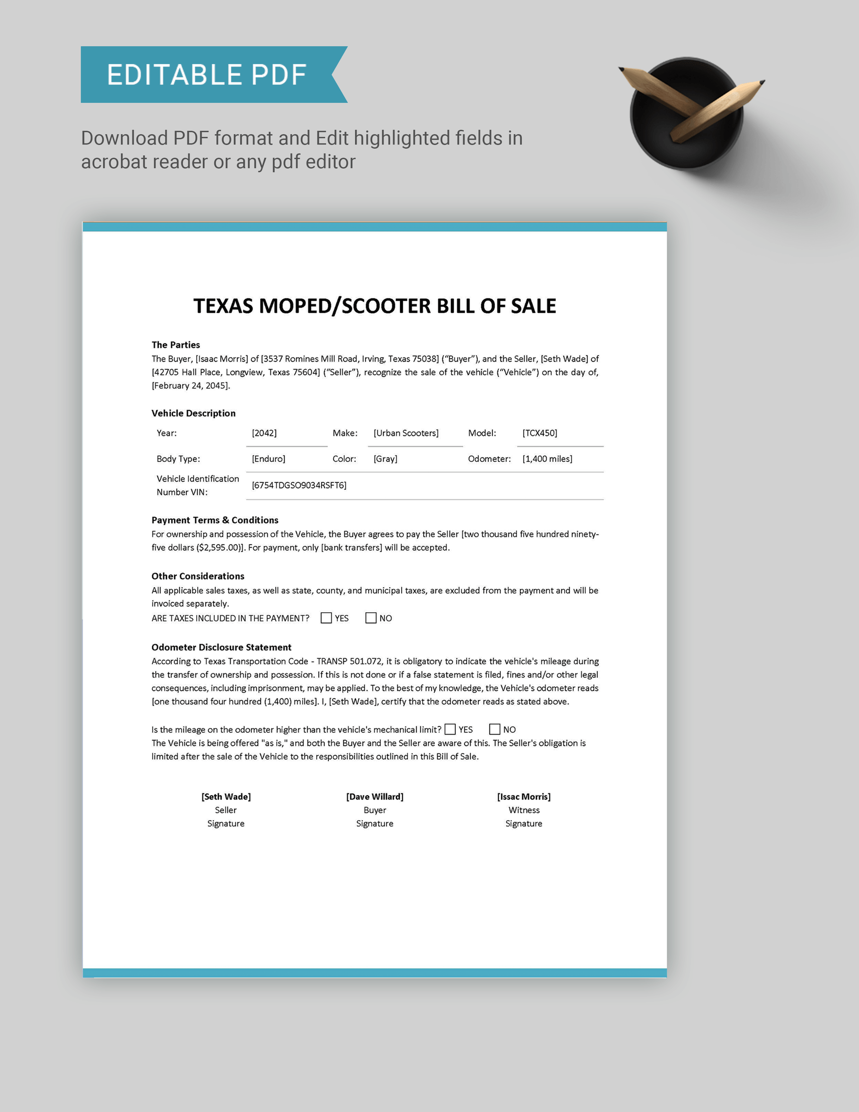 Texas Moped / Scooter Bill of Sale Template