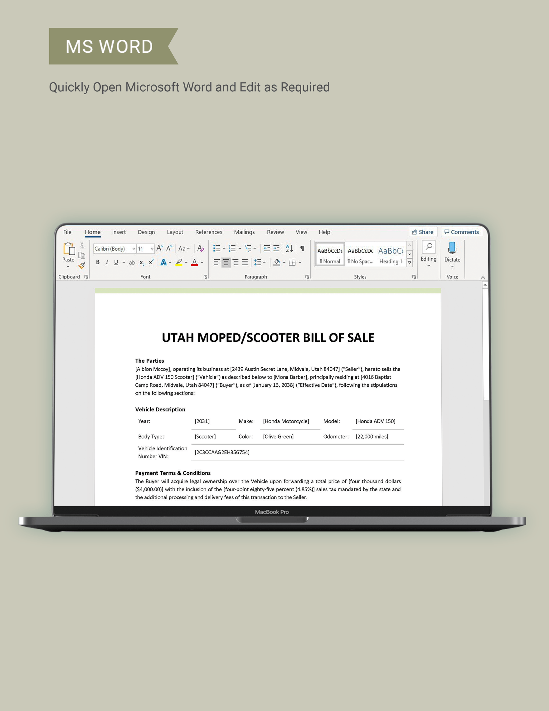 Utah Moped / Scooter Bill of Sale Template