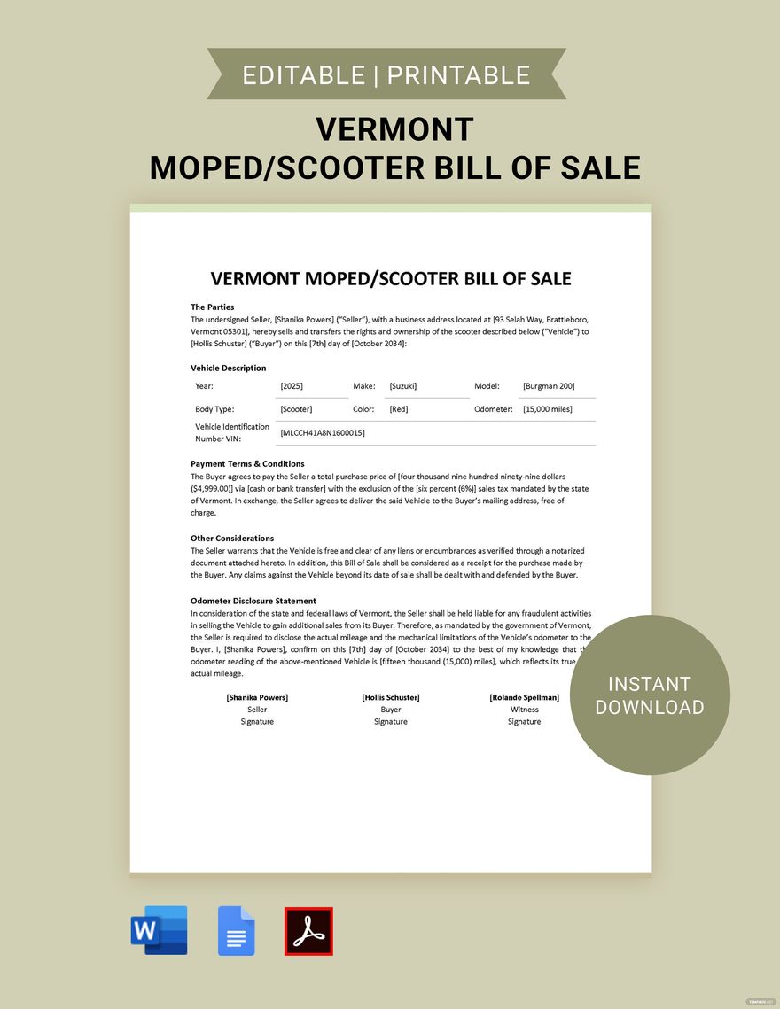 Vermont Moped / Scooter Bill of Sale Template