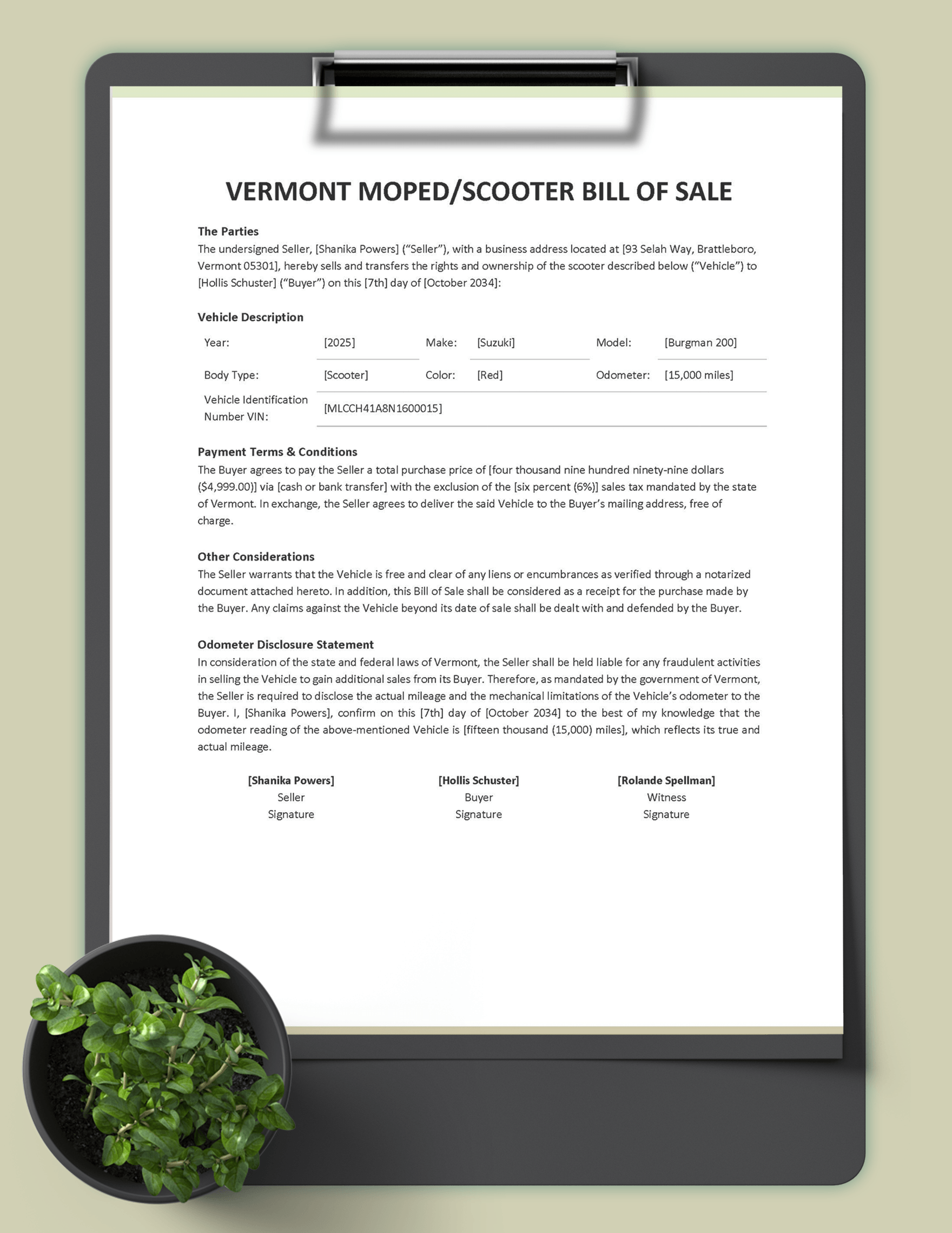 Vermont Moped / Scooter Bill of Sale Template