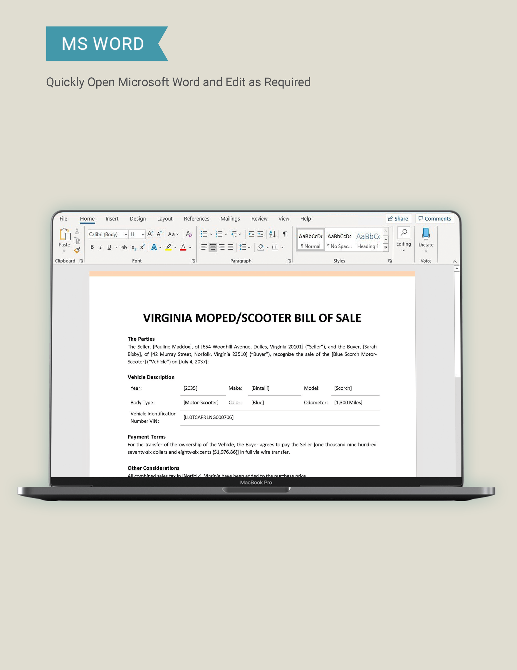 Virginia Moped / Scooter Bill of Sale Template