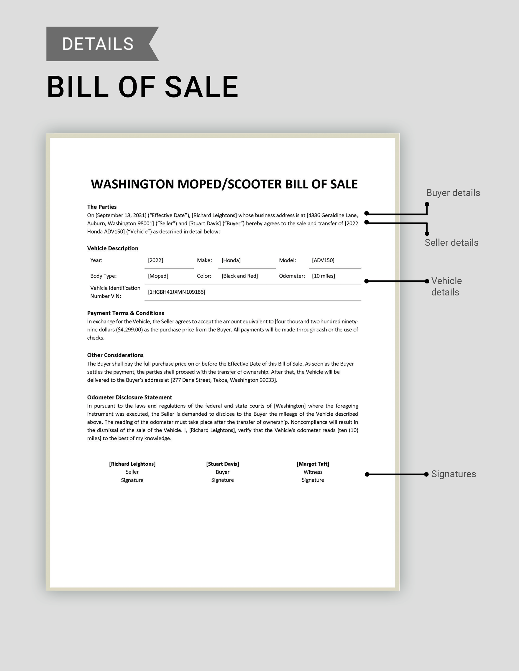Washington Moped / Scooter Bill of Sale Form Template