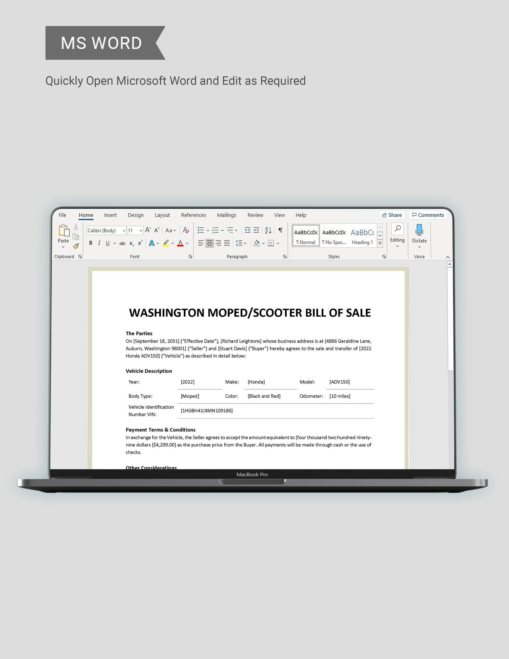 Washington Moped / Scooter Bill of Sale Form Template