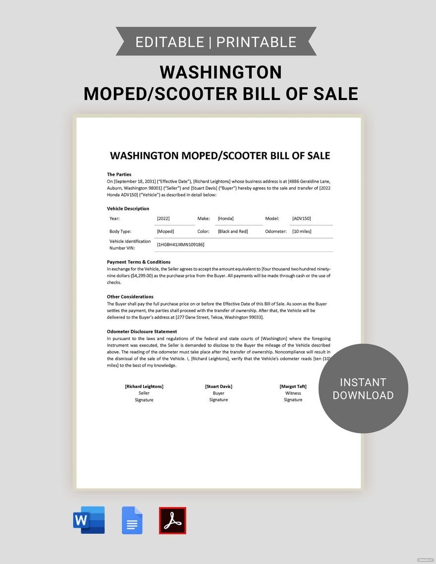 Free Washington Moped Scooter Bill Of Sale Form Template Download In Word Google Docs PDF 