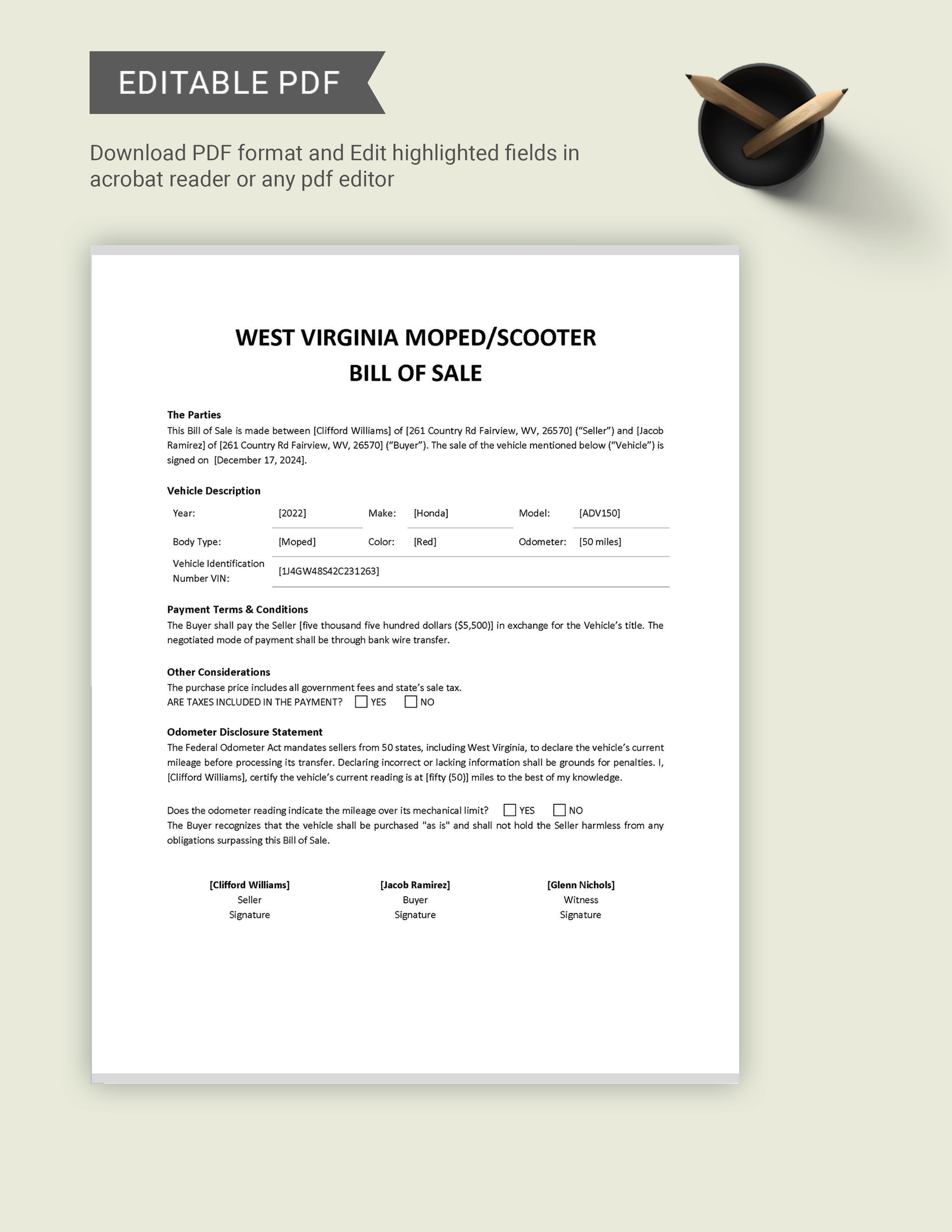 West Virginia Moped / Scooter Bill of Sale Template
