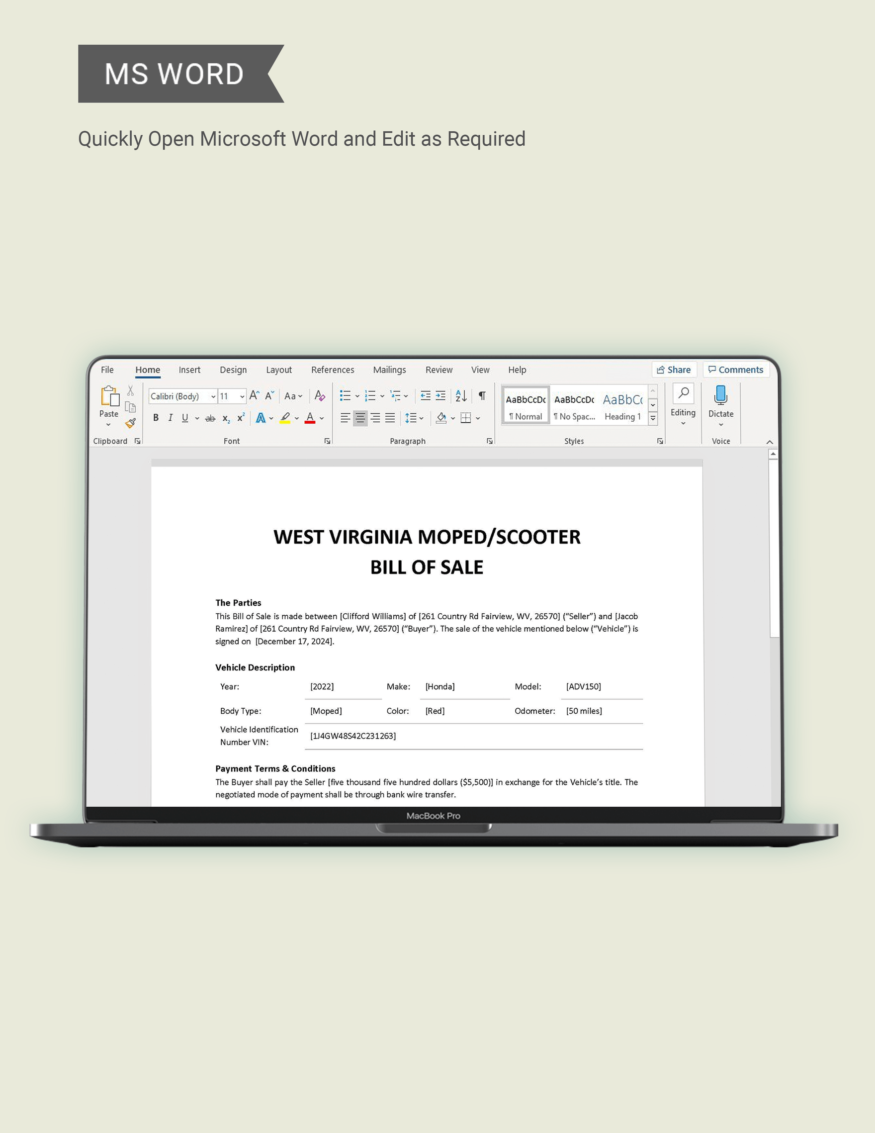 West Virginia Moped / Scooter Bill of Sale Template
