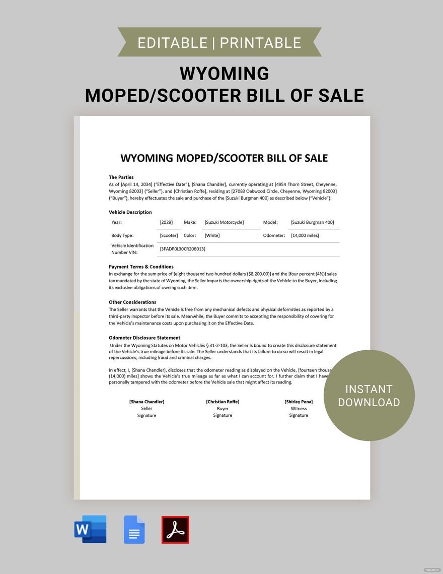 Wyoming Moped / Scooter Bill of Sale Form Template