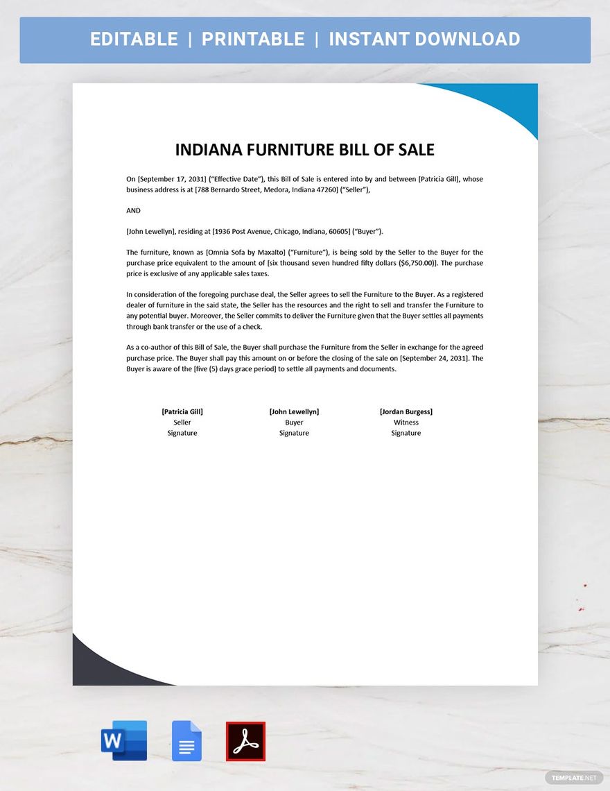 Indiana Furniture Bill of Sale Template