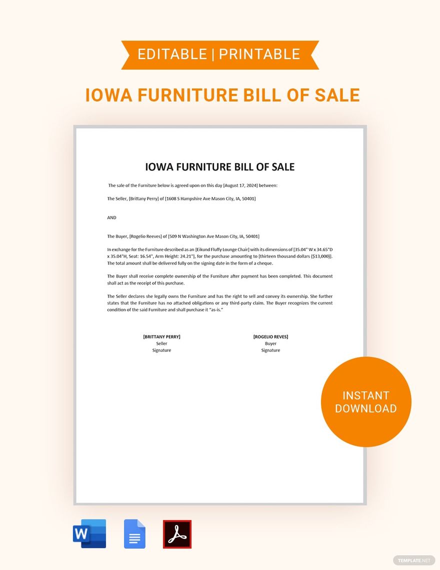 Iowa Furniture Bill of Sale Template
