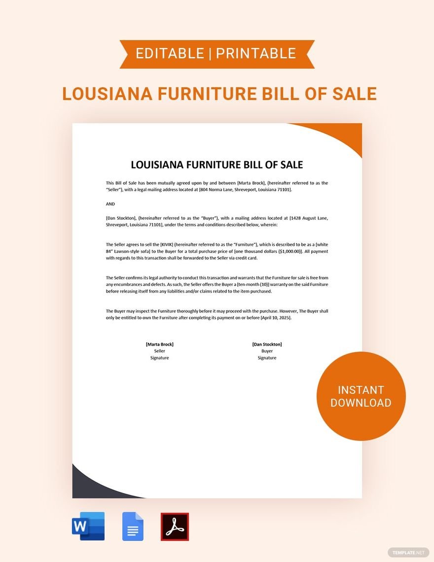 Louisiana Furniture Bill of Sale Template