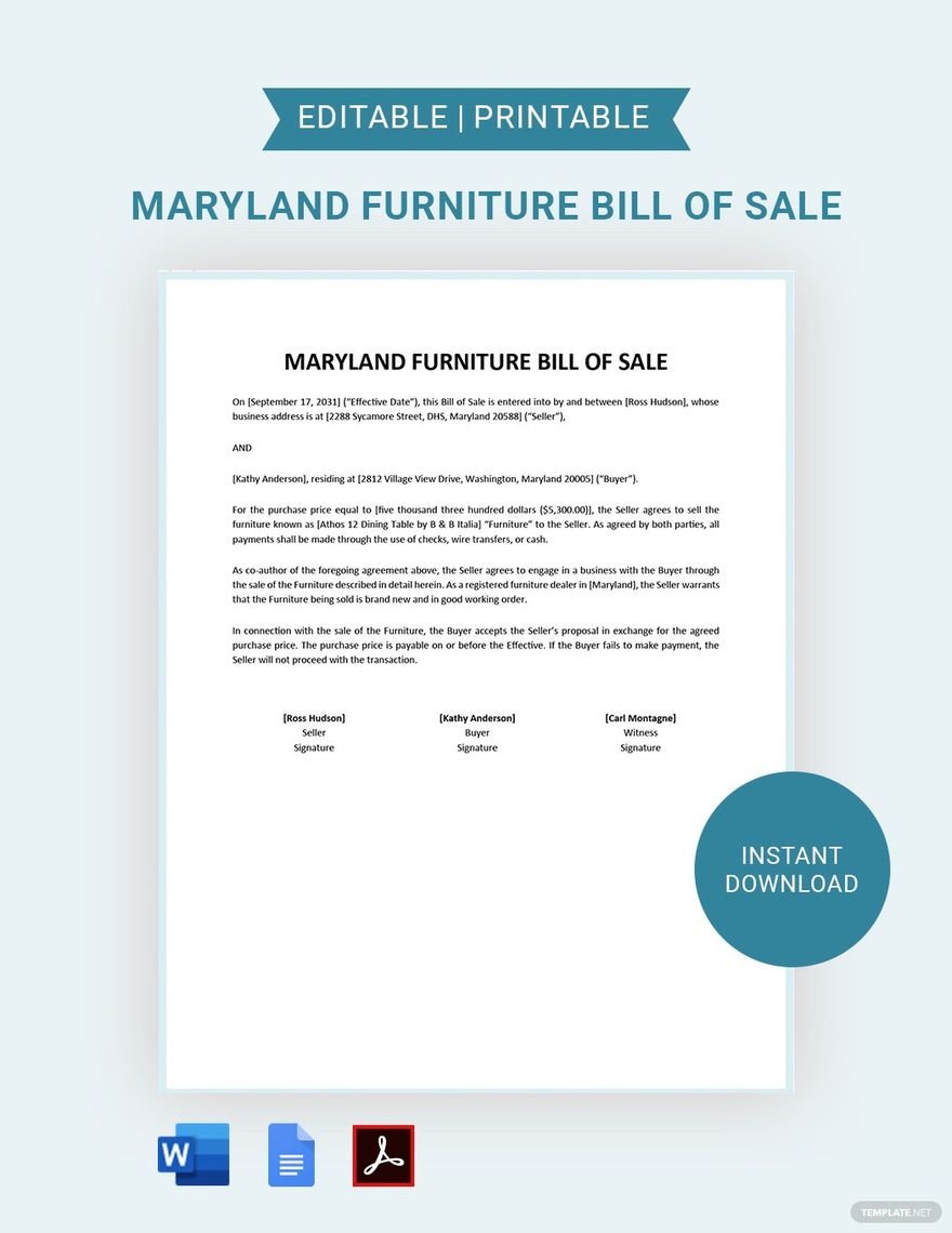 Maryland Furniture Bill of Sale Template