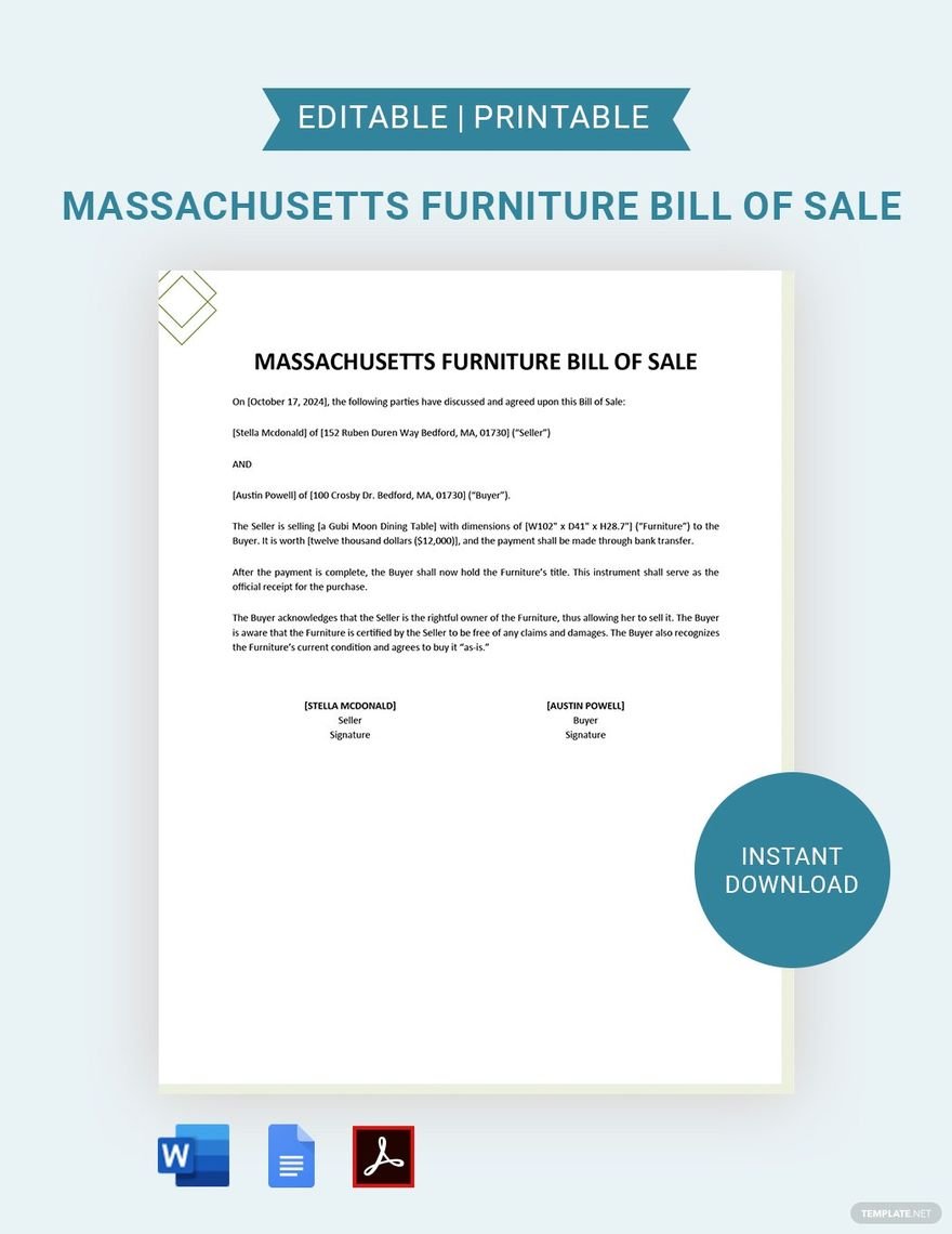 Massachusetts Furniture Bill of Sale Template