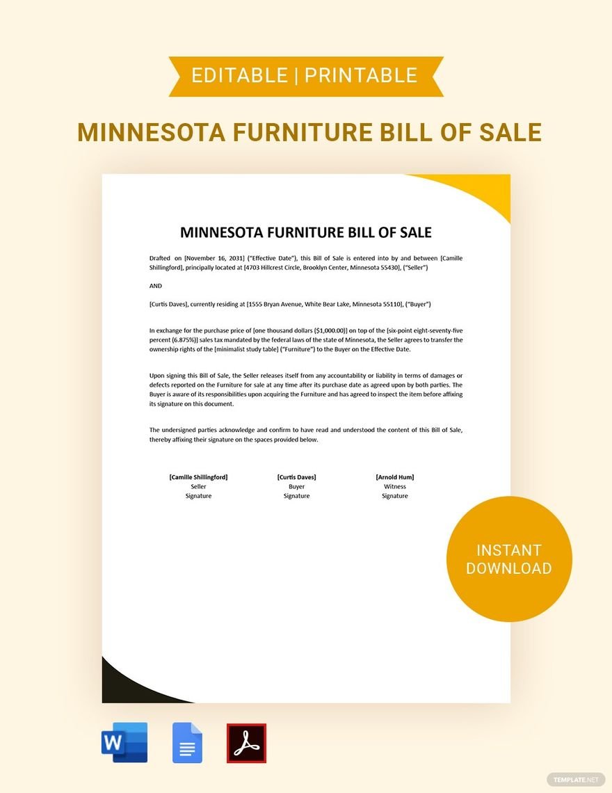 Minnesota Furniture Bill of Sale Form Template in Word, Google Docs, PDF