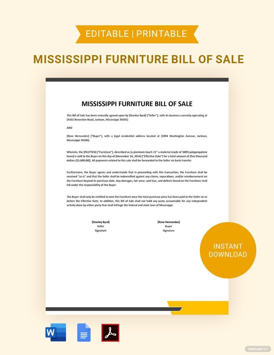 Mississippi Furniture Bill of Sale Template