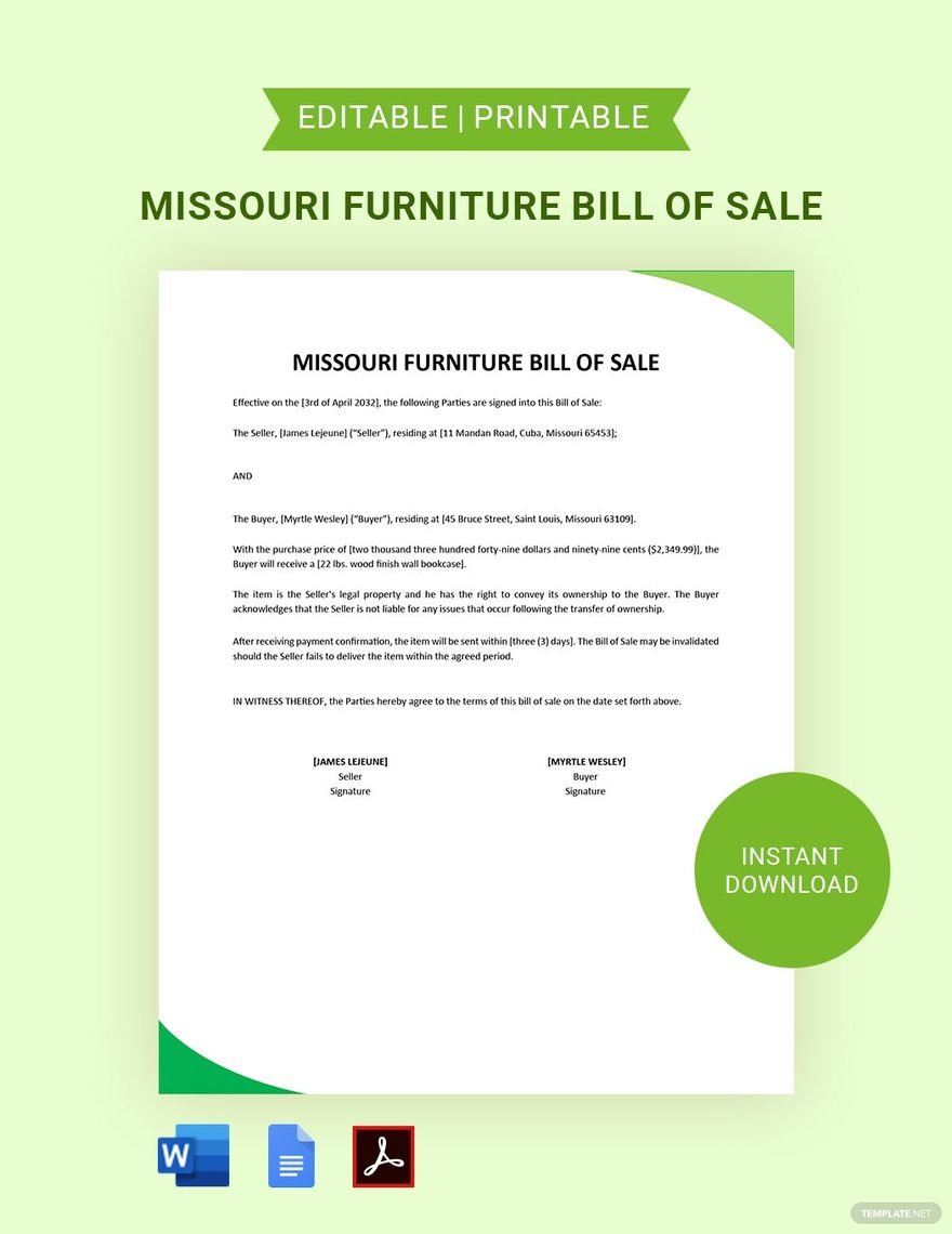Missouri Furniture Bill of Sale Template