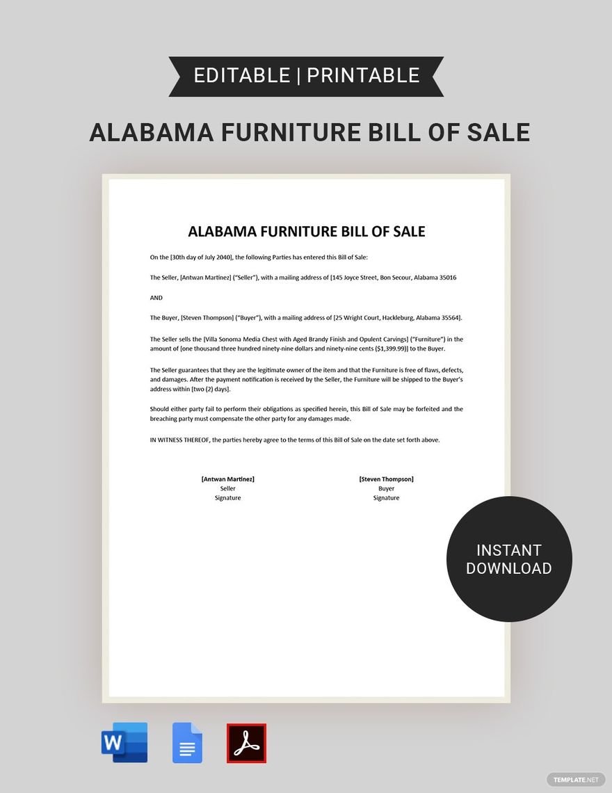 Free Alabama Furniture Bill of Sale Form Template in Word, Google Docs, PDF