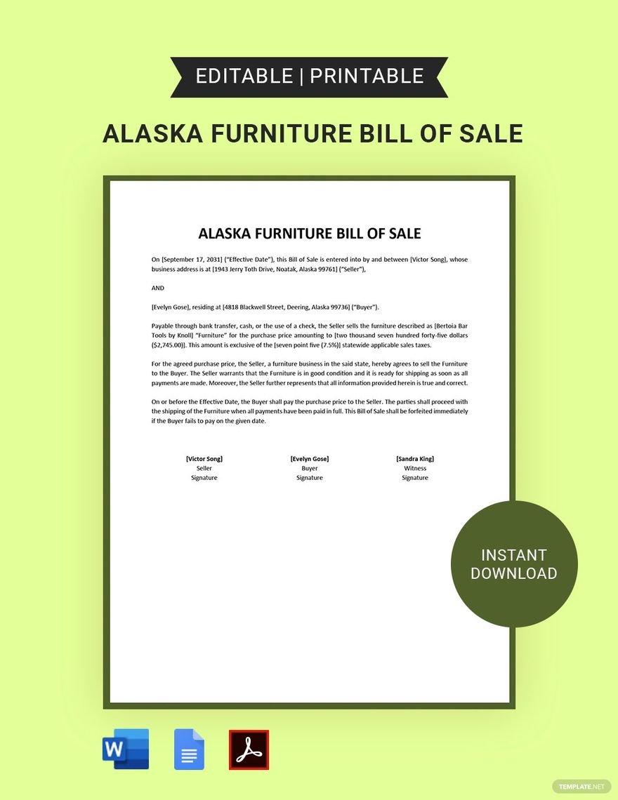 Alaska Furniture Bill Of Sale Template