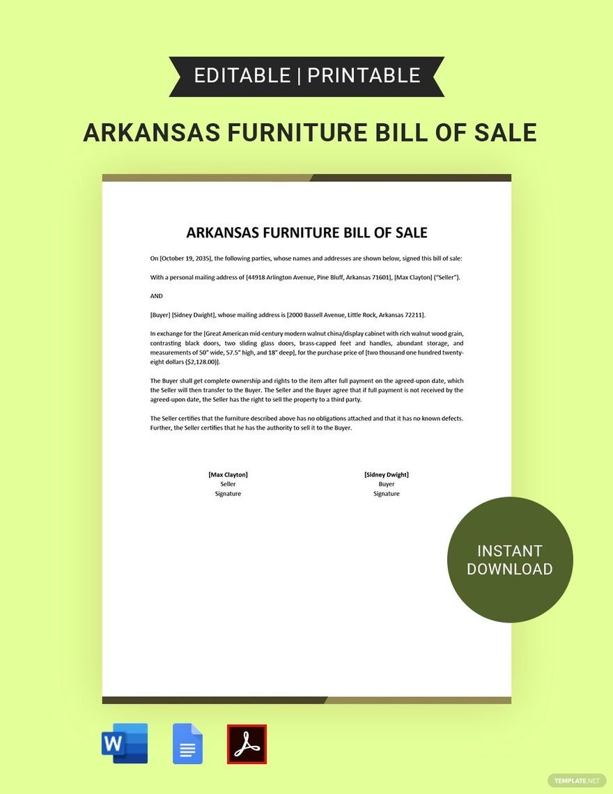 Arkansas Furniture Bill of Sale Template