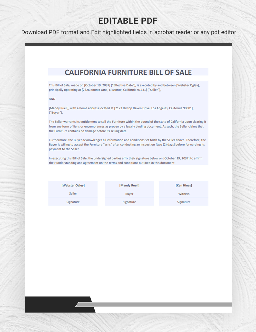 California Furniture Bill of Sale Template