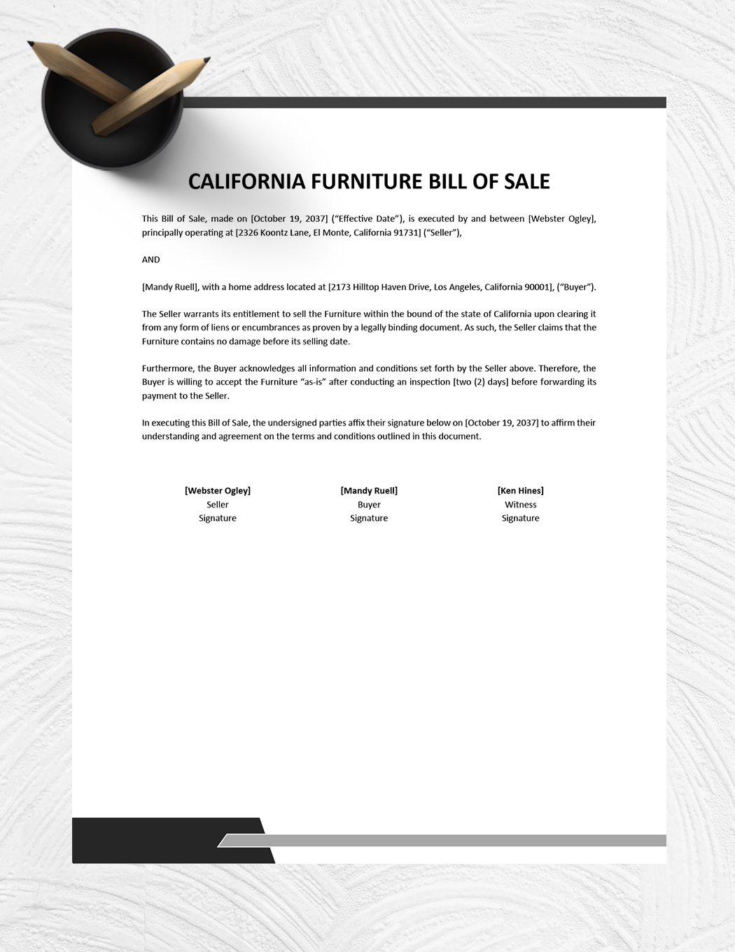 California Furniture Bill of Sale Template