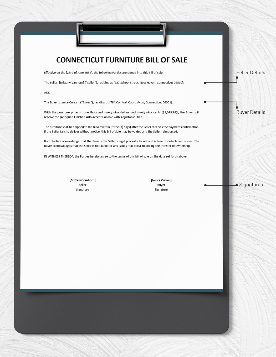 Connecticut Furniture Bill of Sale Template