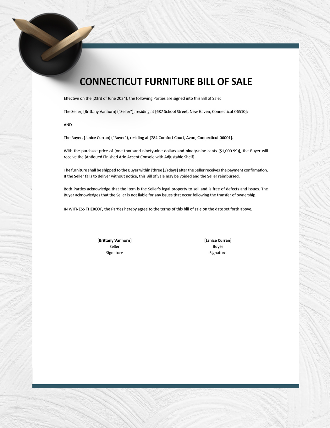 Connecticut Furniture Bill of Sale Template