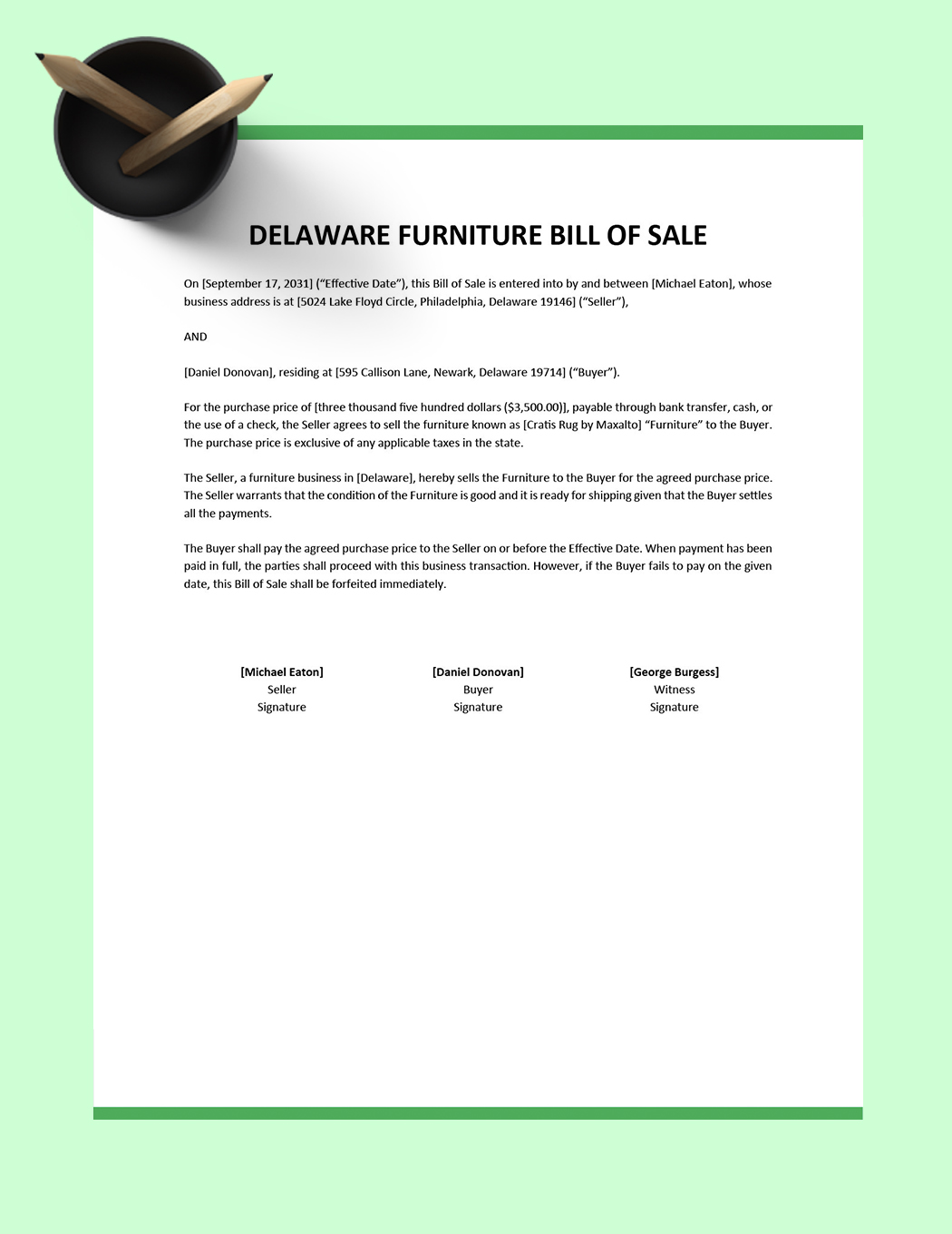 Delaware Furniture Bill Of Sale Template