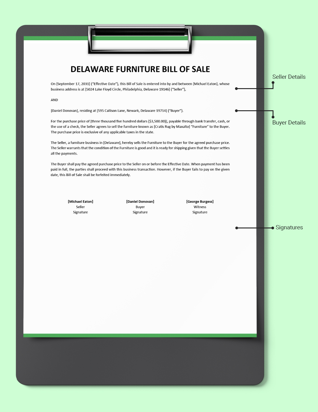 Delaware Furniture Bill Of Sale Template