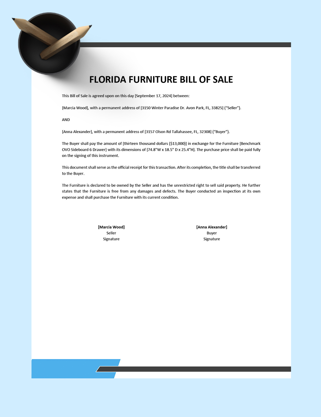 Florida Furniture Bill of Sale Template